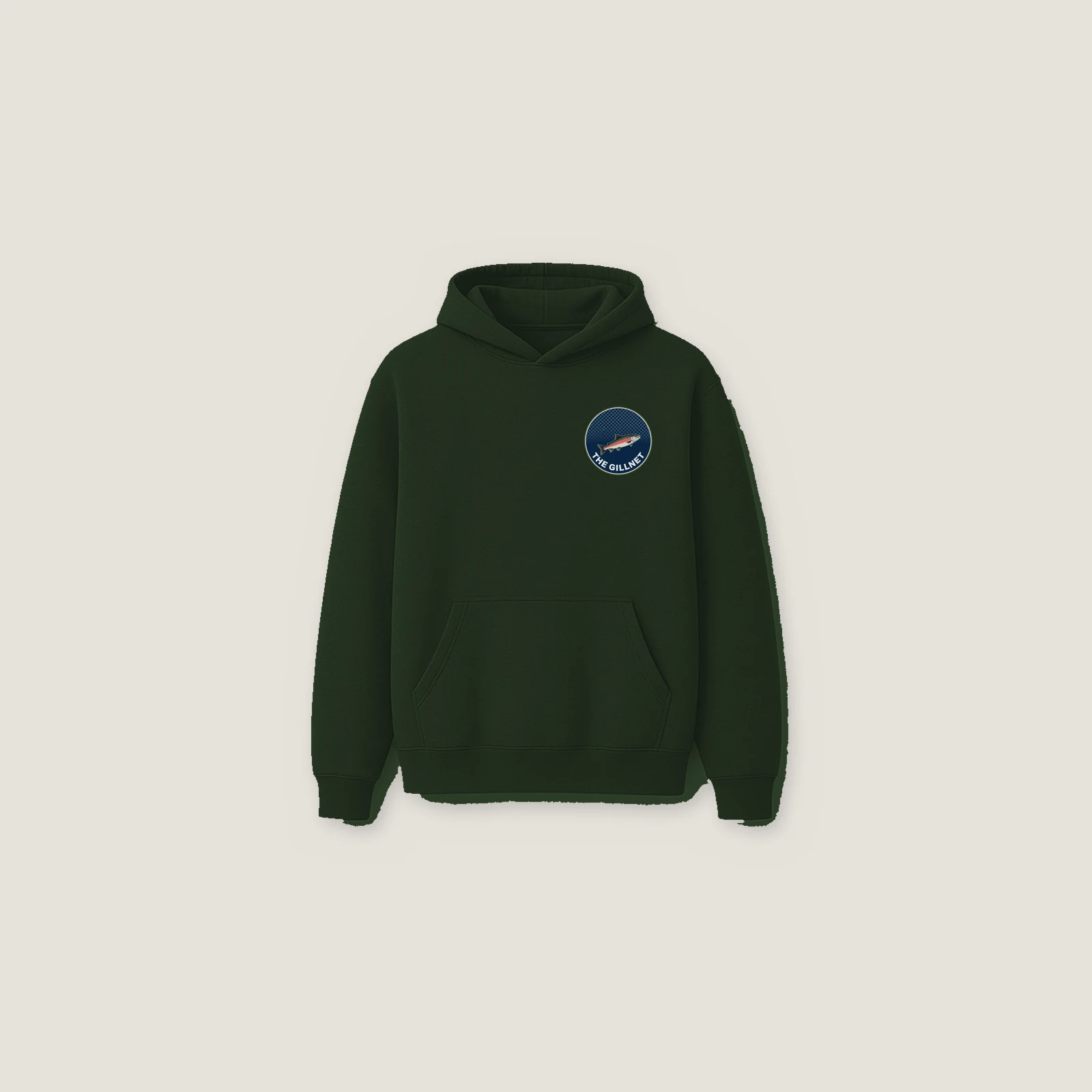 Salmon Badge Hoodie in Forest Green, left-chest badge