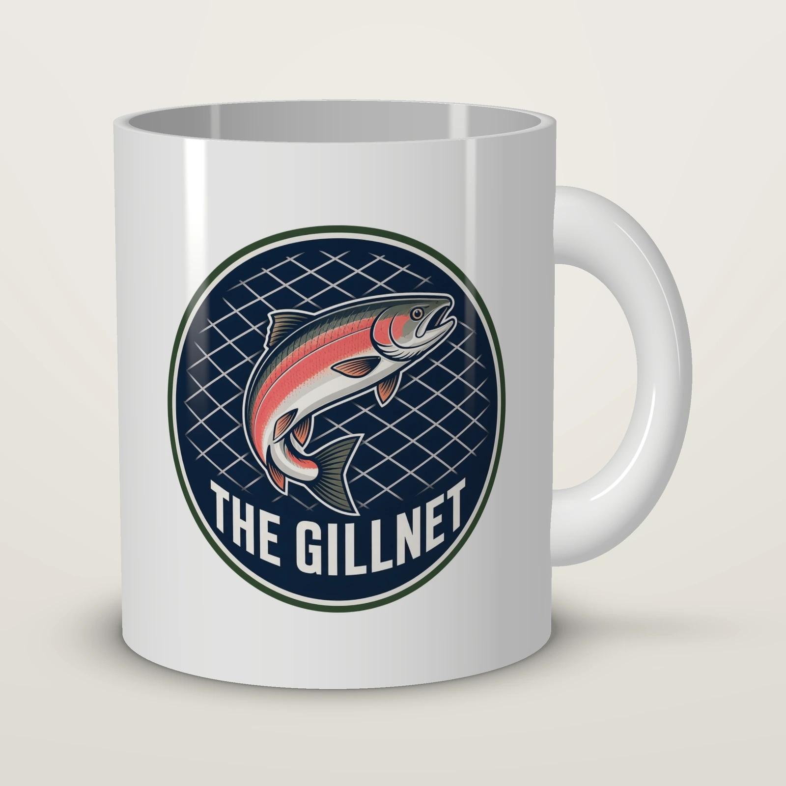 Salmon Badge Mug, 11 oz, white glossy, handle right